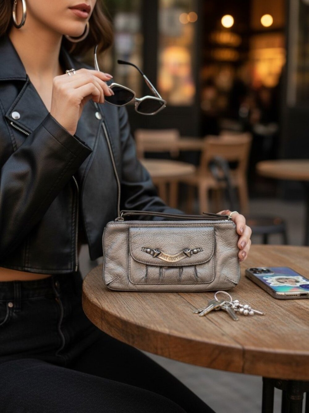 Juicy Couture Leather Wristlet Wallet Metallic Gray Zip Around Y2K